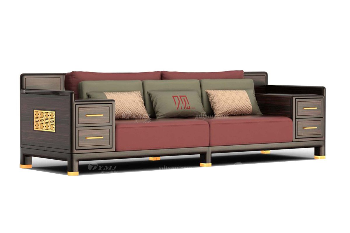 時尚高檔家具品牌輕奢新中式風格進口烏金木真皮刺繡三人位沙發