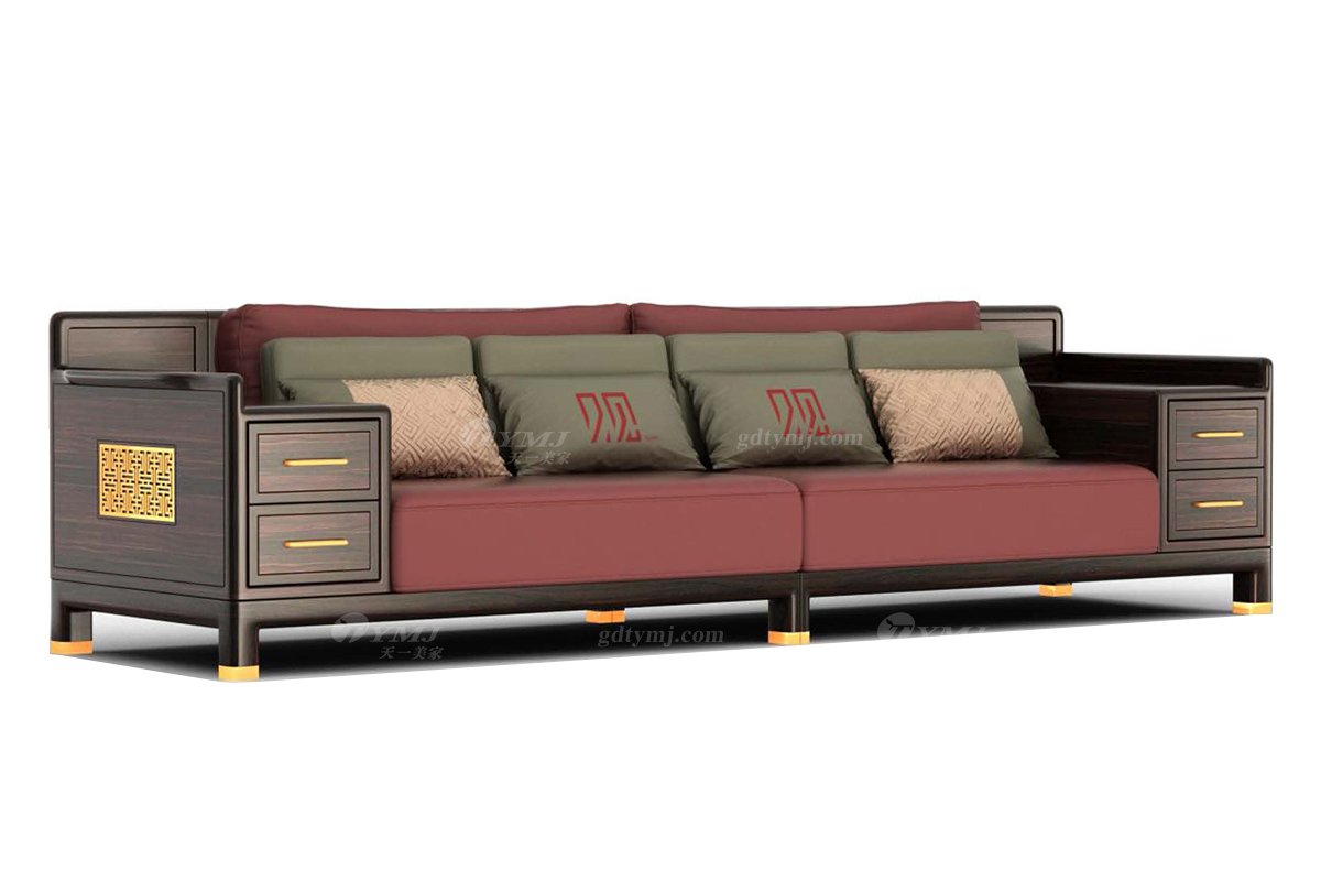 時尚高檔家具品牌輕奢新中式風格進口烏金木真皮刺繡四人位沙發