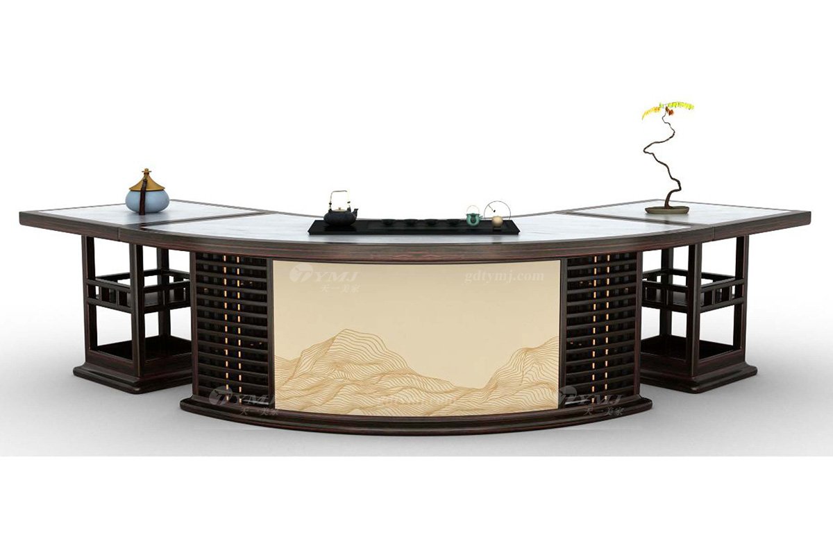 時尚新中式風(fēng)格家具品牌高端頂級輕奢家具進口烏金木實木+皮藝刺繡茶臺H-GPCTZ茶臺1