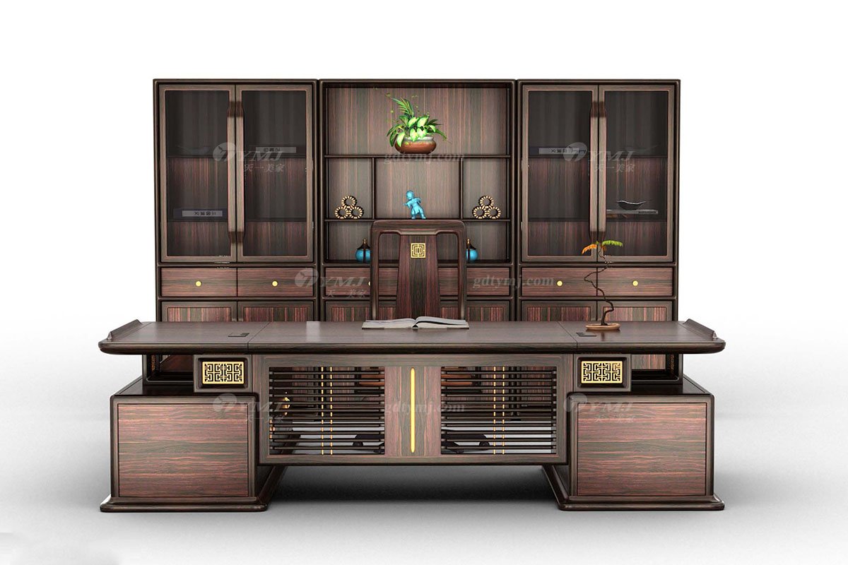 時尚新中式風格家具品牌高端頂級輕奢家具進口烏金木全實木大班臺H-GOBT28L -G大班臺組合
