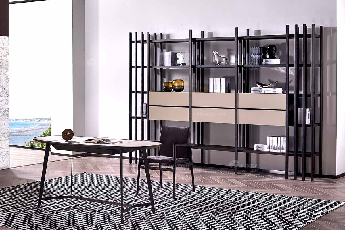 意式極簡風格高端別墅豪宅家具品牌現代輕奢書房大氣時尚煙熏橡木色+駝色抽面書架書柜SH1701書架場景