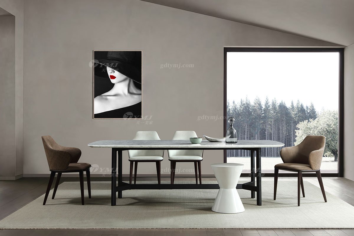 意式極簡風格高端別墅豪宅家具品牌現代輕奢簡約時尚大理石+黑橡色長餐桌DT1708-18長餐臺場景