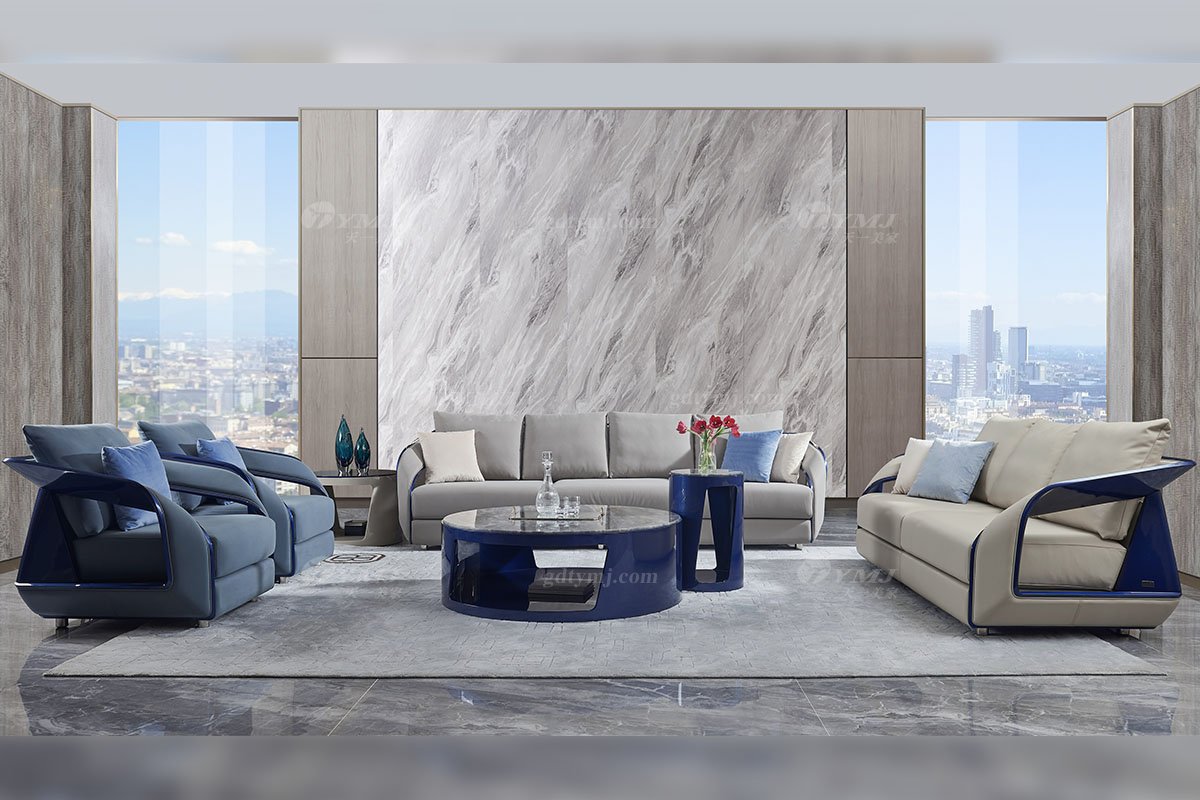 高端別墅豪宅家具星級酒店家具品牌后現代輕奢風格客廳時尚真皮+孔雀藍二位沙發TX008-2雙人位沙發場景