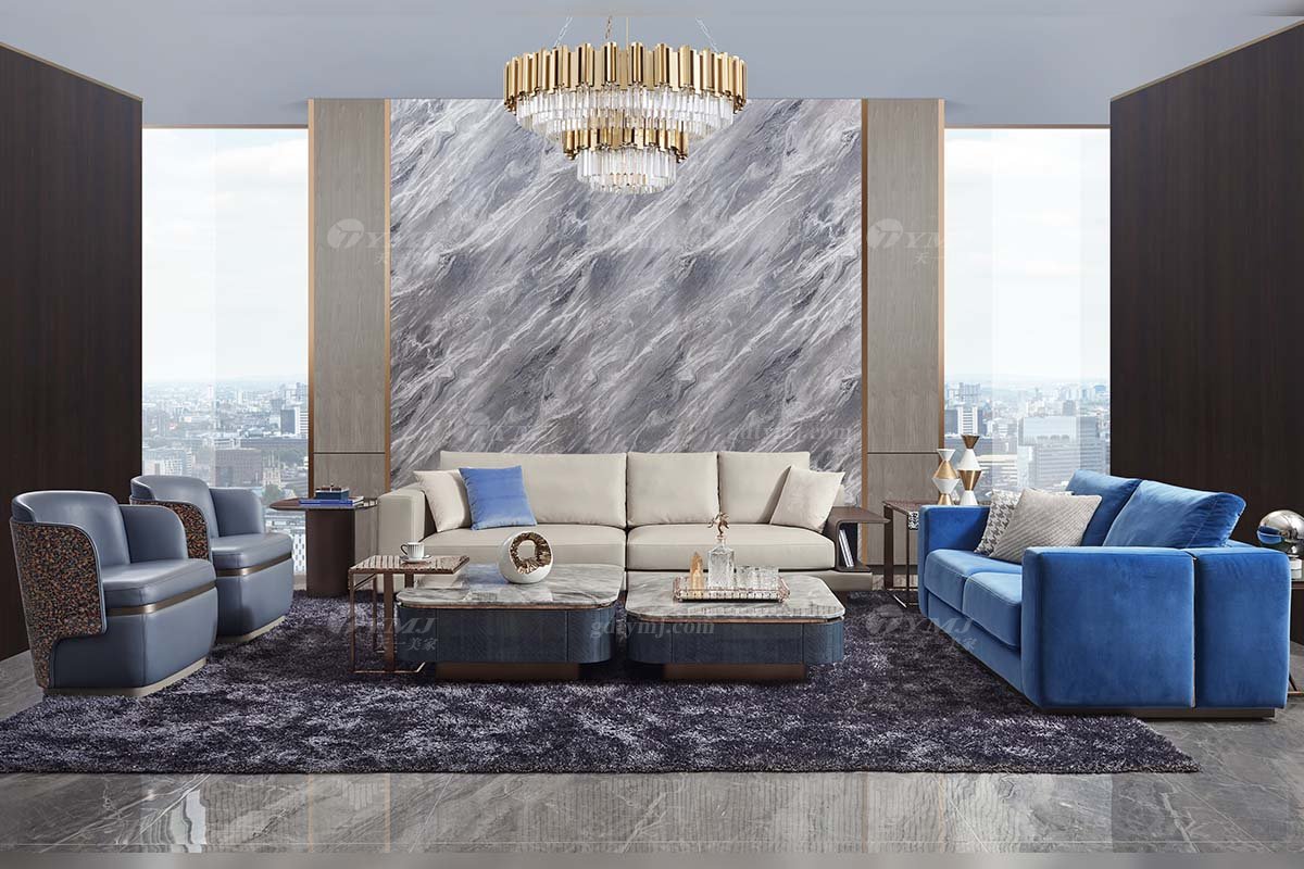 高端會所別墅大宅家具品牌后現代輕奢風格客廳時尚舒適藍色布藝二位沙發TX002-2兩位沙發場景