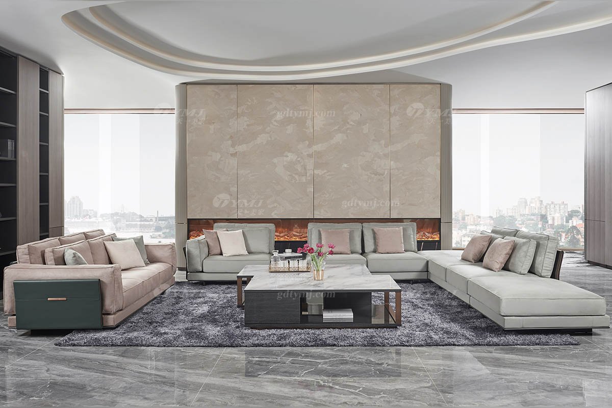 高端會所別墅大宅家具品牌后現代輕奢風格客廳舒適棕色三位沙發TX004-3三位沙發場景