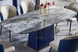 后現代輕奢風格家具高端會所別墅品牌家具時尚餐廳魚肚灰石面+孔雀藍餐桌餐臺