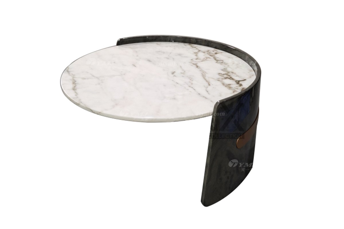 輕奢后現代風格家具高端會所別墅品牌家具時尚客廳魚肚白灰石面+樹瘤飾面茶幾套幾組合CK167-φ93套幾矮