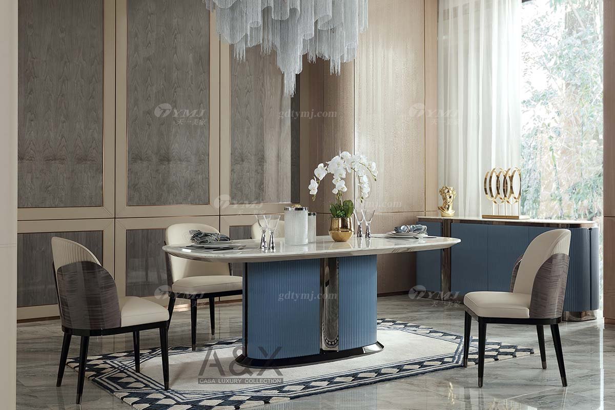 輕奢后現代風格家具高端會所別墅品牌家具時尚餐廳大理石面+灰藍色餐桌CC859-002餐桌場景