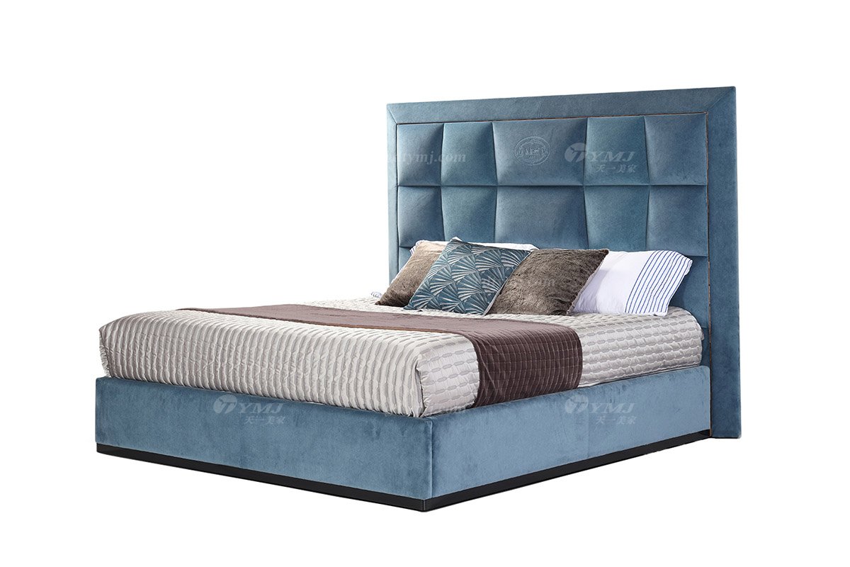 輕奢后現代風格家具高端會所別墅品牌家具臥室舒適藍色布藝軟包雙人床雙人大床