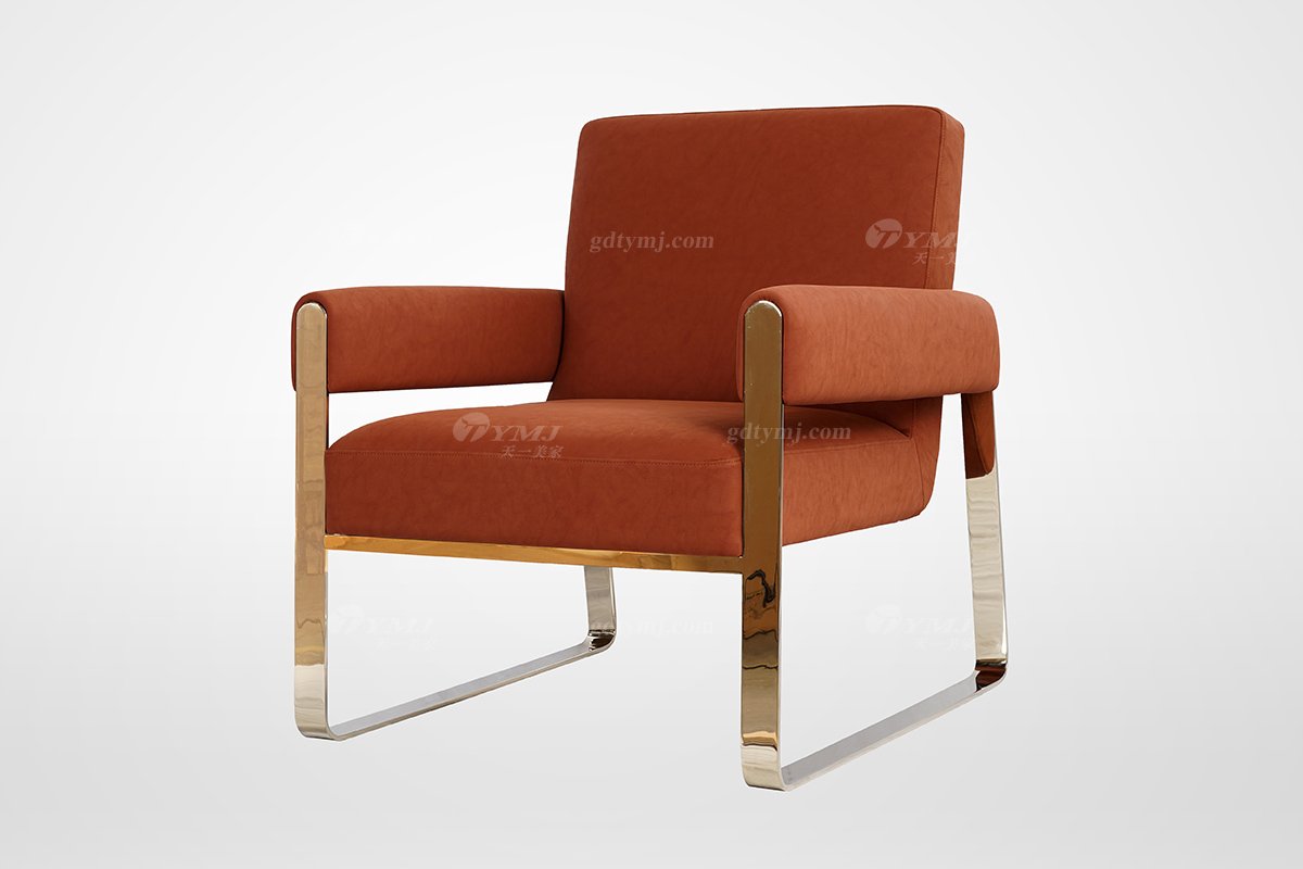 簡美輕奢風格家具高端別墅會所家具品牌客廳時尚金屬底+橙紅色皮藝休閑椅5231-01休閑椅1