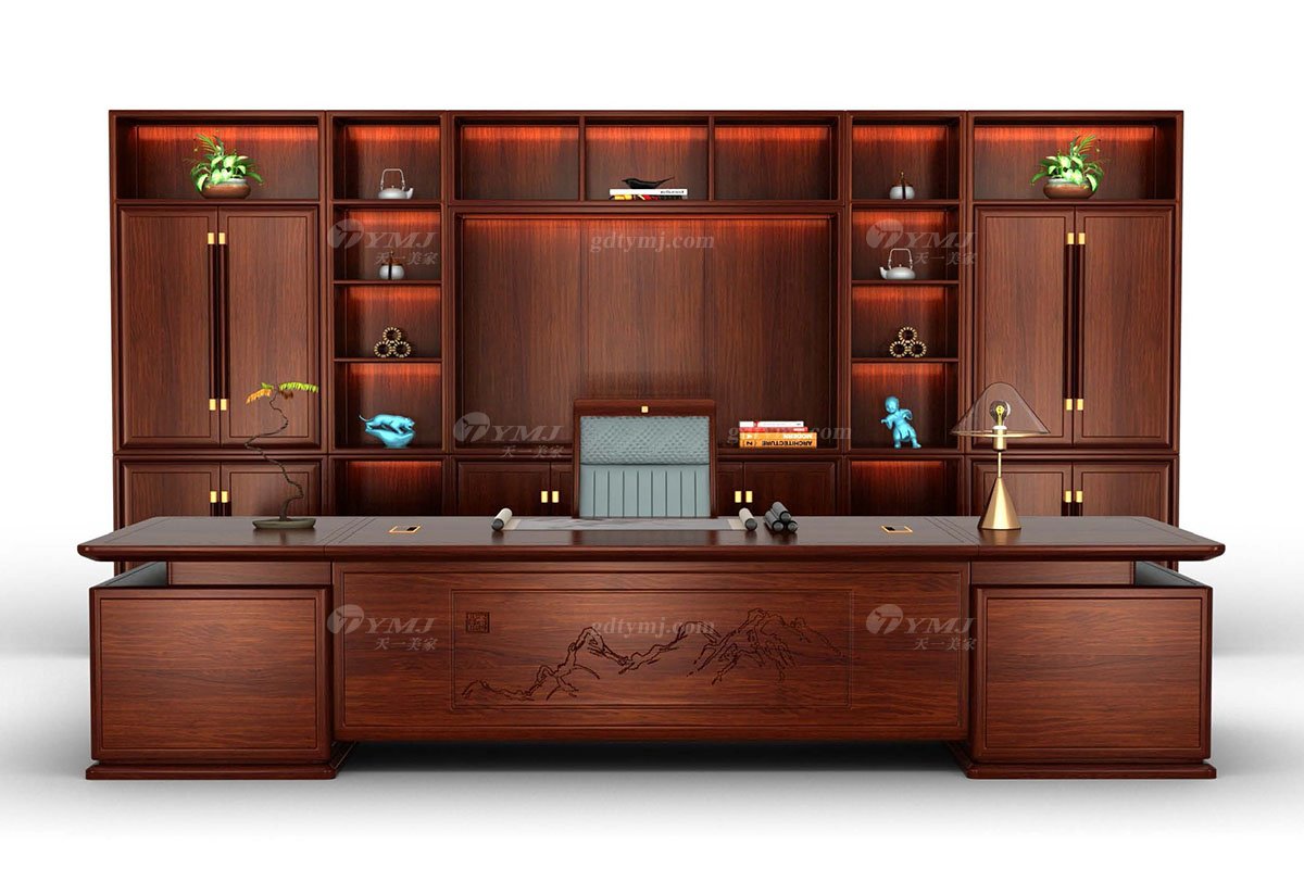 新中式辦公家具風格品牌家具時尚簡約高端進口實木安哥拉紫檀大班椅大展宏圖班椅場景