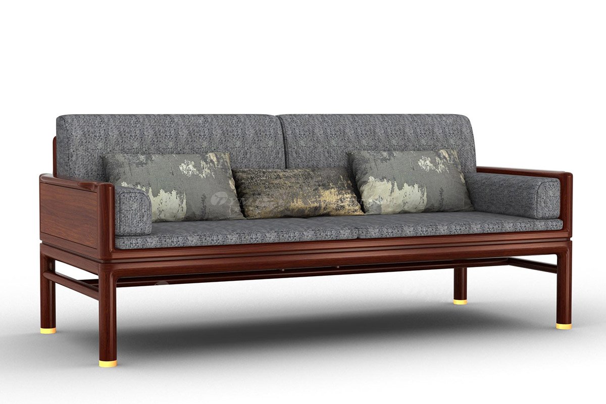 時尚新中式辦公家具風(fēng)格品牌家具高端簡約大氣刺猬紫檀實(shí)木+布藝三位沙發(fā)