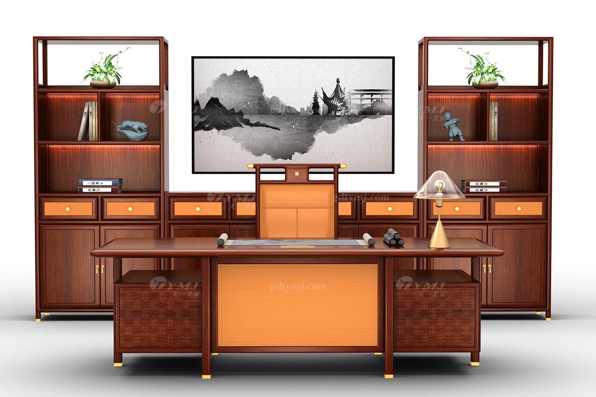 新中式辦公家具風格高端品牌家具簡約大氣實木刺猬紫檀班臺水墨江南大班臺場景