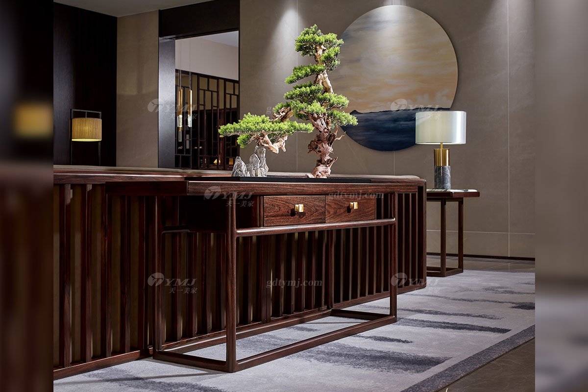 新中式高端別墅會所家用家具品牌輕奢全紅木黑酸枝實木沙發背幾沙發背幾場景