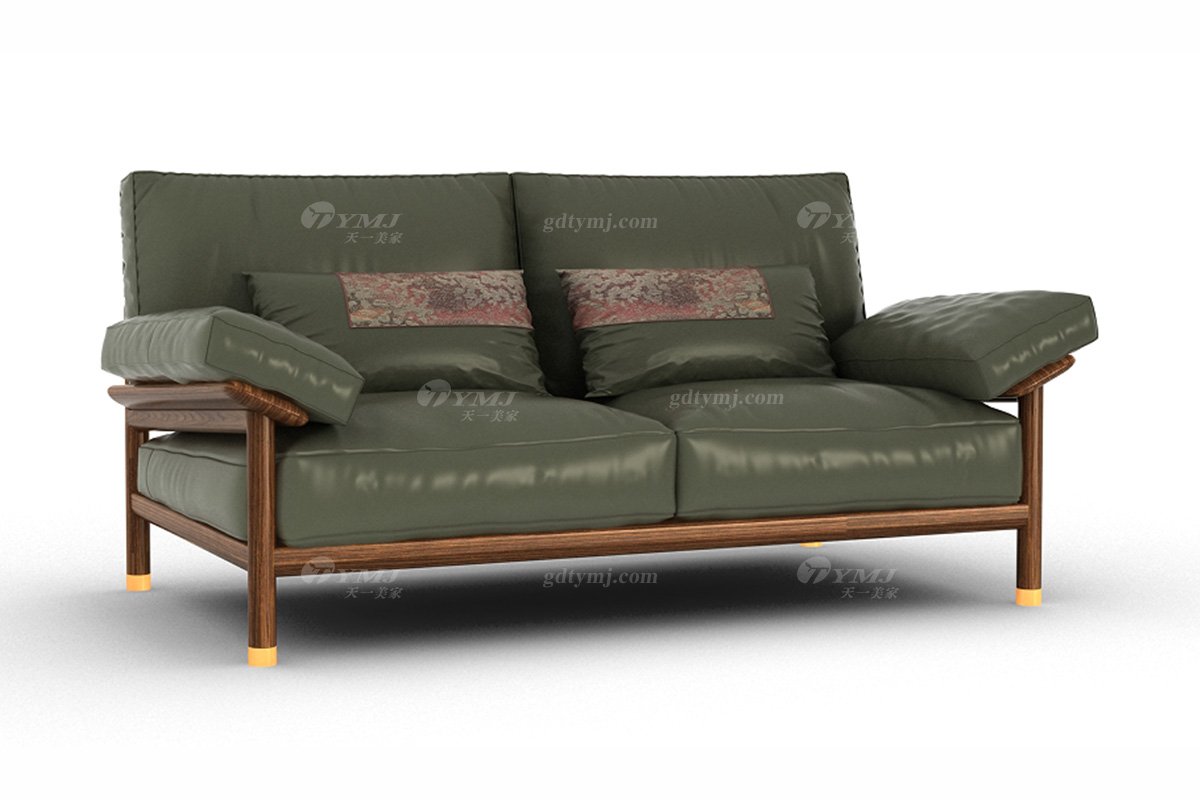 新中式高端別墅家具品牌簡約風格客廳時尚墨綠色生態皮藝二位沙發