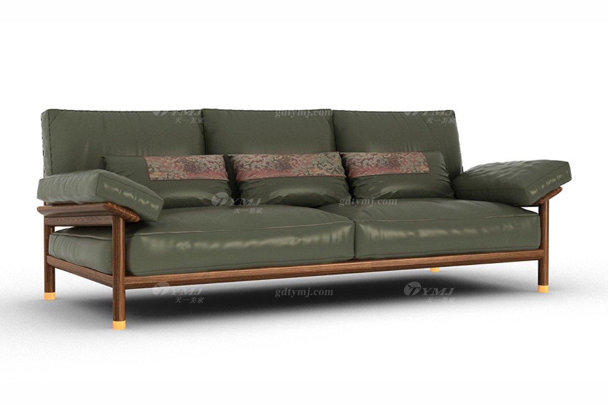 新中式高端別墅家具品牌簡約風格客廳時尚墨綠色生態皮藝三位沙發
