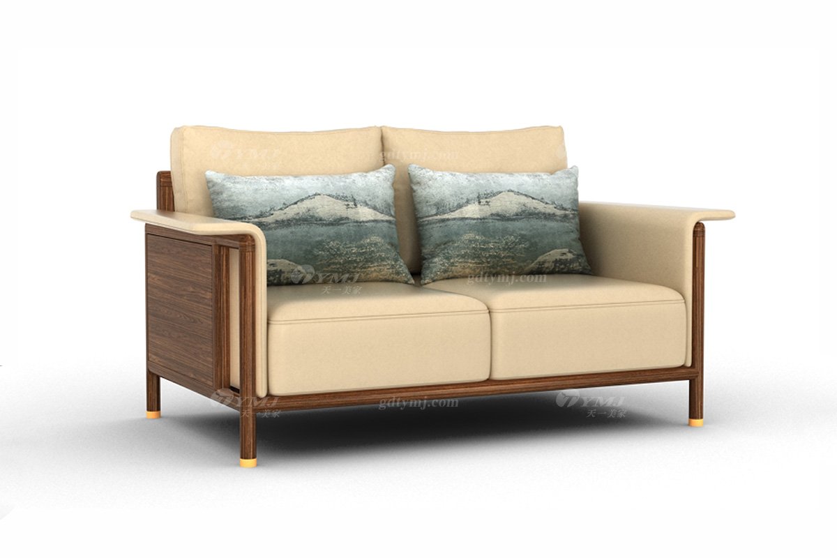 新中式家具風格高端別墅家具品牌簡約風格客廳極簡實木+生態皮藝二位沙發