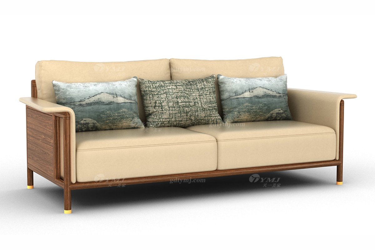 新中式家具風格高端別墅家具品牌簡約風格客廳極簡實木+生態皮藝三位沙發