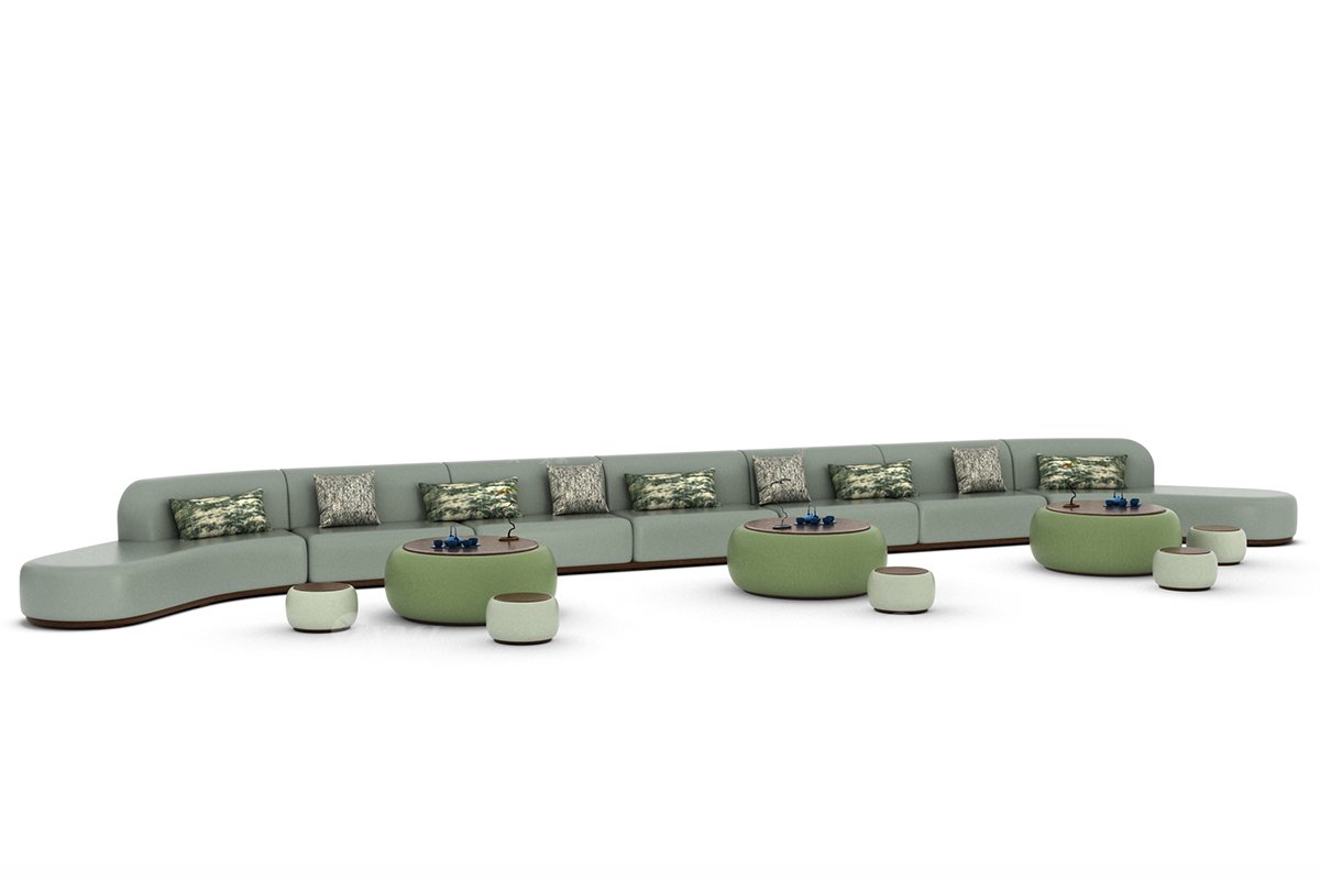 新中式風格家具高端別墅家具品牌簡約大氣時尚客廳家具綠色生態皮藝大弧形沙發轉角沙發組合H-XWSF場景