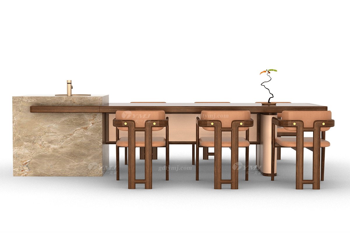 新中式風格家具高端別墅家具品牌簡約時尚餐廳家具實木+生態皮藝中島臺餐桌H-ZDTCZ中島臺餐桌場景