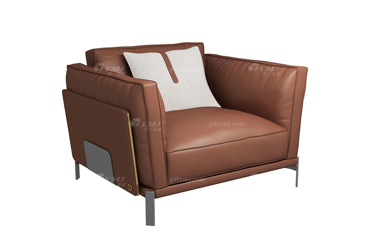 極簡風格家具別墅會所高級舒適實木進口黃牛皮橙色單人位沙發