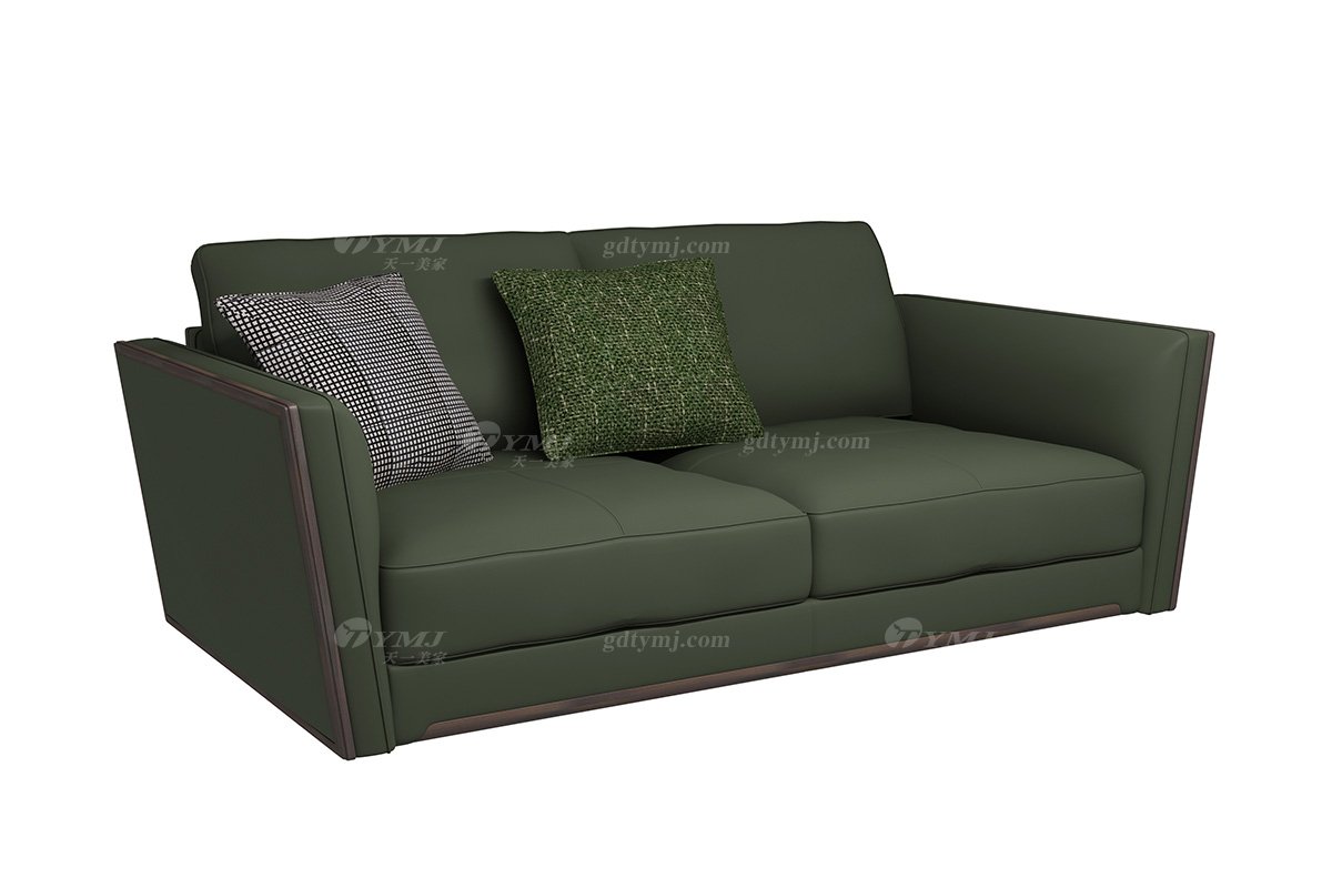 極簡風格家具別墅會所高級舒適實木進口黃牛皮綠色雙人位沙發(fā)