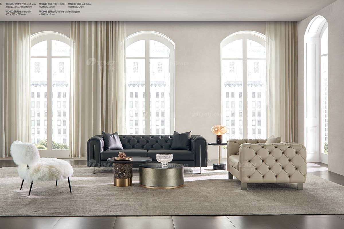 極簡風(fēng)格家具高端別墅會所大宅簡約拉扣實木灰色半皮扶手二位沙發(fā)WD606二位沙發(fā)