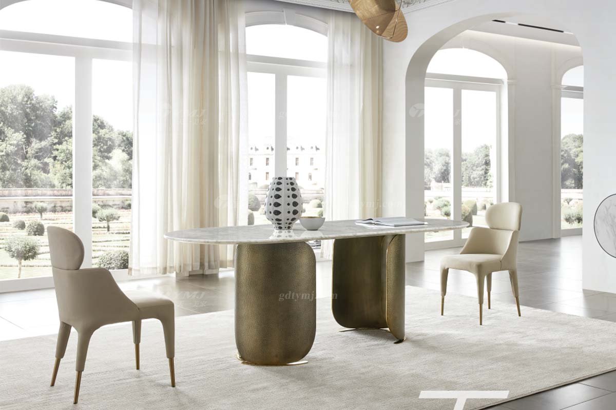 極簡風格家具高端別墅會所大宅簡約天然大理石+不銹鋼青古銅長餐桌WD608餐桌場景