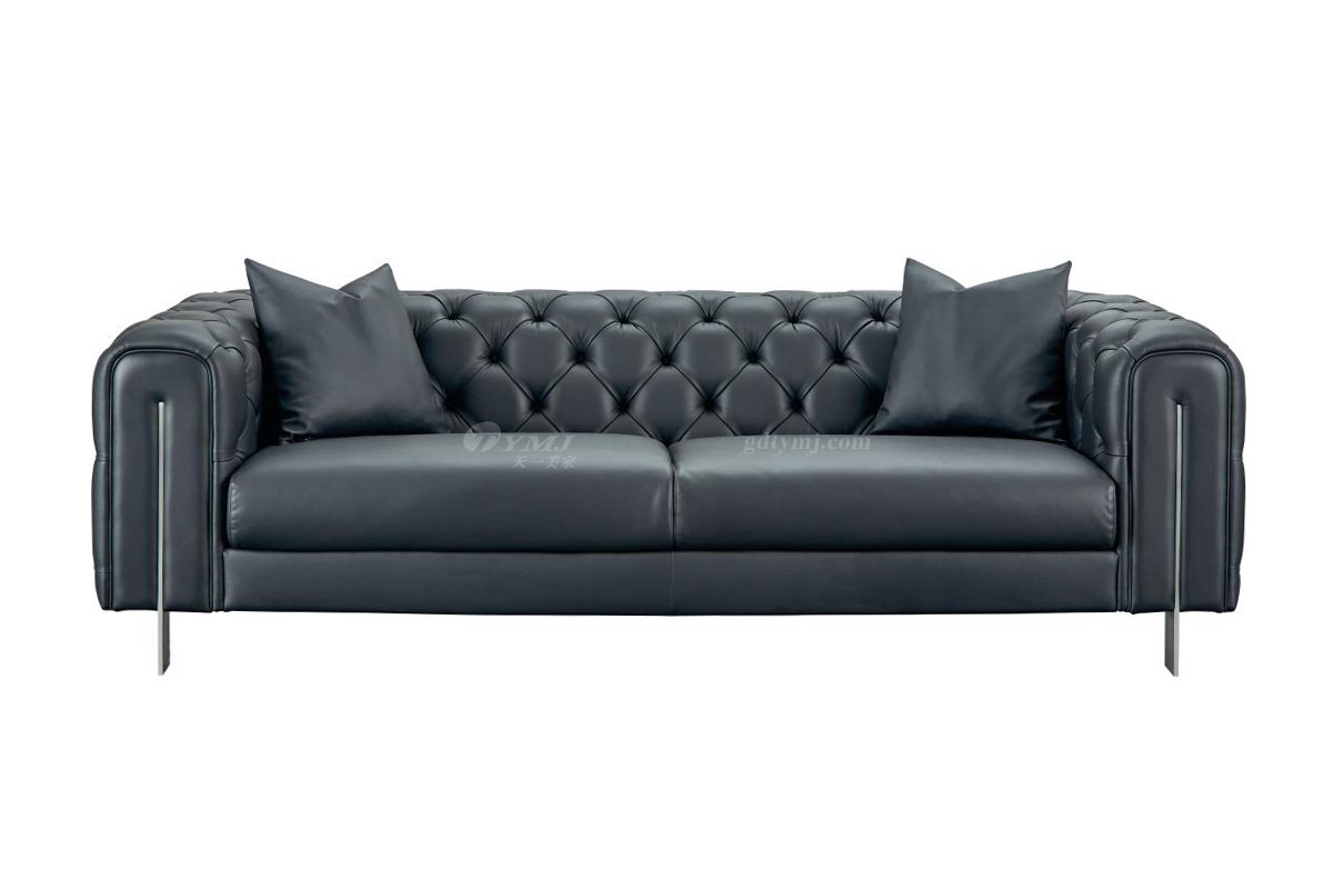 極簡風(fēng)格家具高端別墅會(huì)所大宅簡約不銹鋼腳+深色半皮三位沙發(fā)