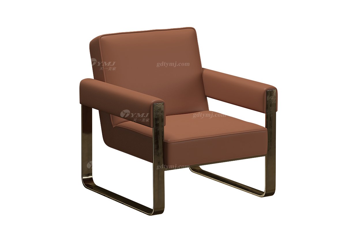 極簡風格家具高端別墅會所大宅舒適簡約不銹鋼+棕色納帕皮藝休閑椅