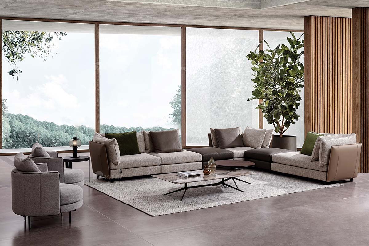 時尚高端現代極簡家具別墅大宅家用真皮布藝結合組合沙發F9535轉角沙發