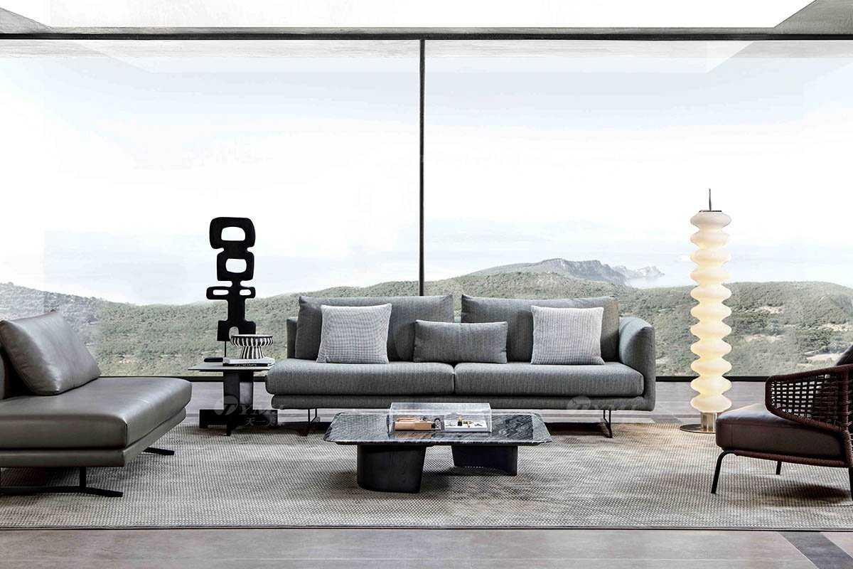 時尚高端現代極簡家具別墅大宅家用灰色布藝單扶手三位沙發F9562B三位沙發場景