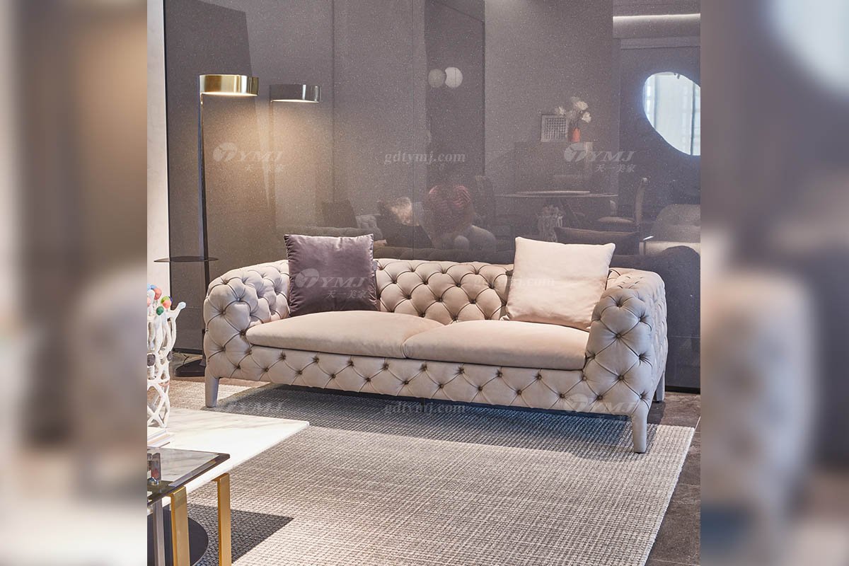 時尚高端現代極簡家具別墅大宅大戶型舒適大氣灰色拉扣全皮二位沙發F9670拉扣沙發