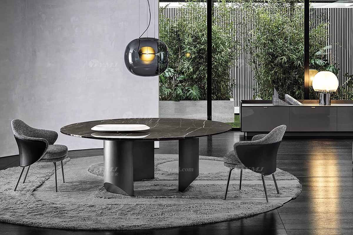  現(xiàn)代簡(jiǎn)約家具高端別墅會(huì)所家用時(shí)尚不銹鋼五金底+勞倫黑金大理石圓餐臺(tái)2026-1.5米場(chǎng)景