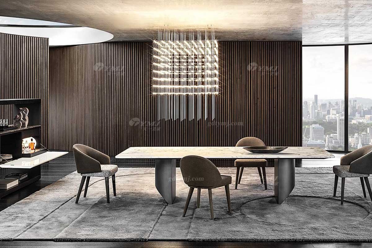  現代簡約家具高端別墅會所家用時尚不銹鋼五金底+勞倫黑金大理石長餐臺2026