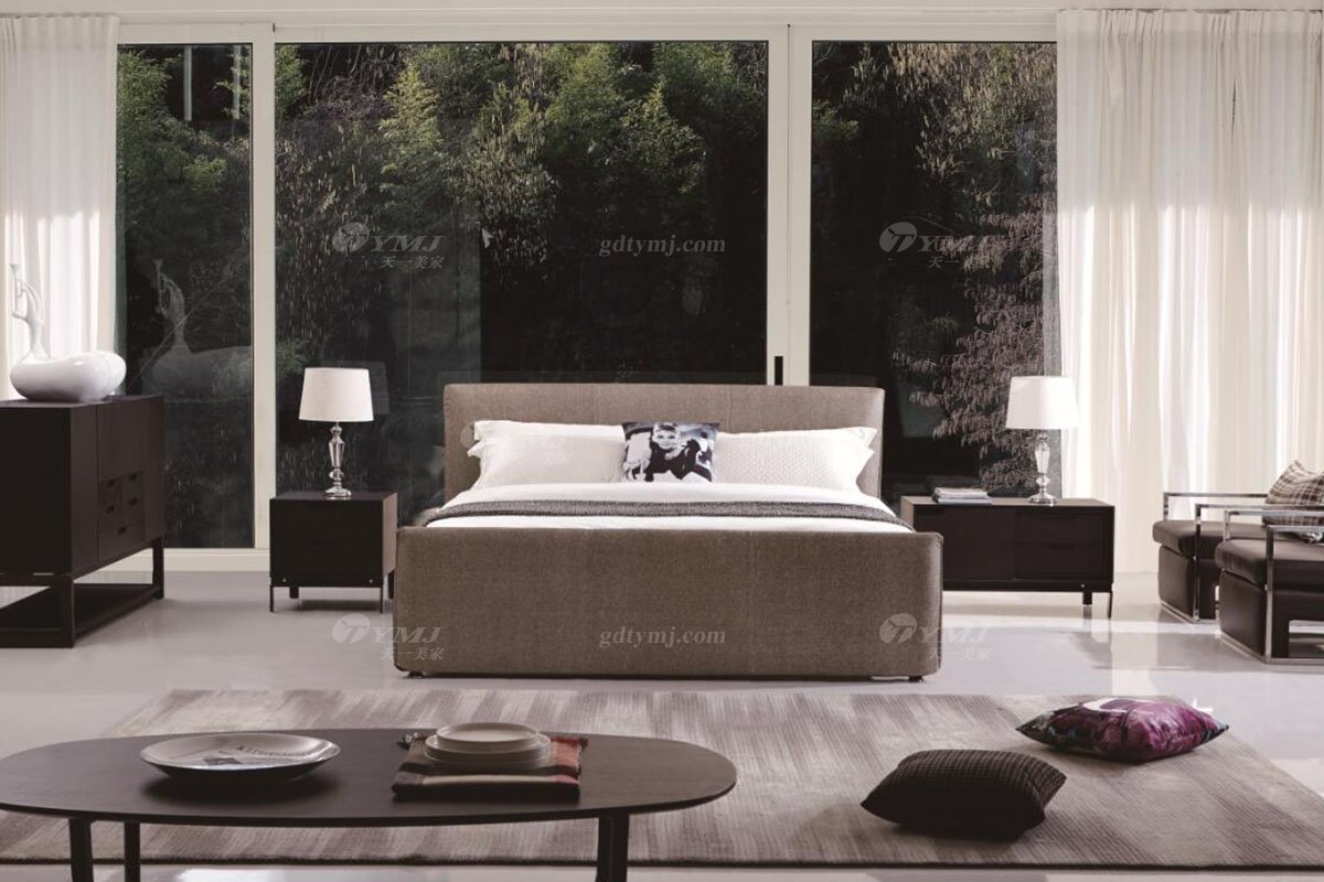  現(xiàn)代簡約家具高端別墅會所家用時尚舒適棕色大床婚床雙人床A2192場景