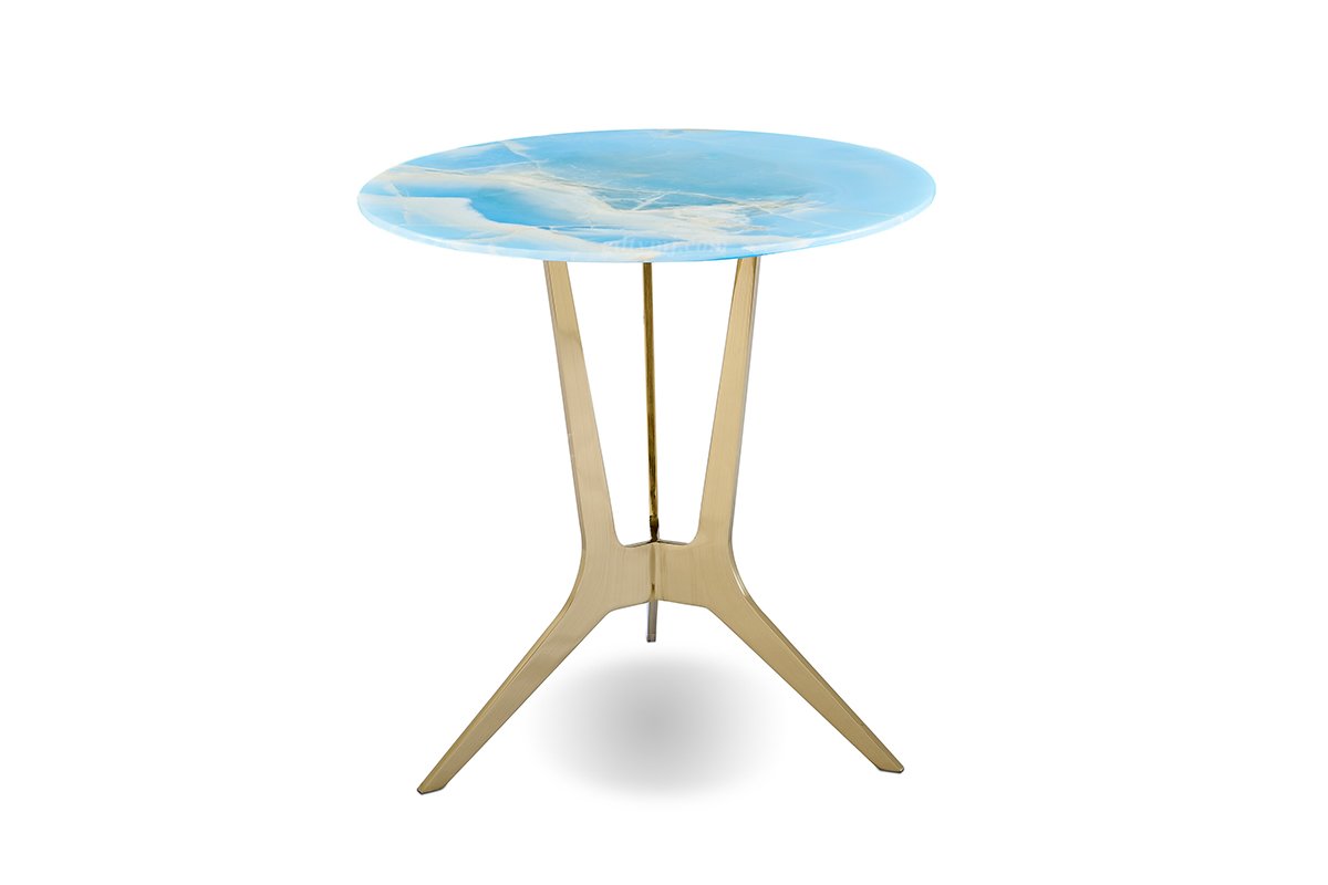 意式輕奢家具高端別墅會所家用時尚高級鈦金屬+藍冰玉小圓幾角幾