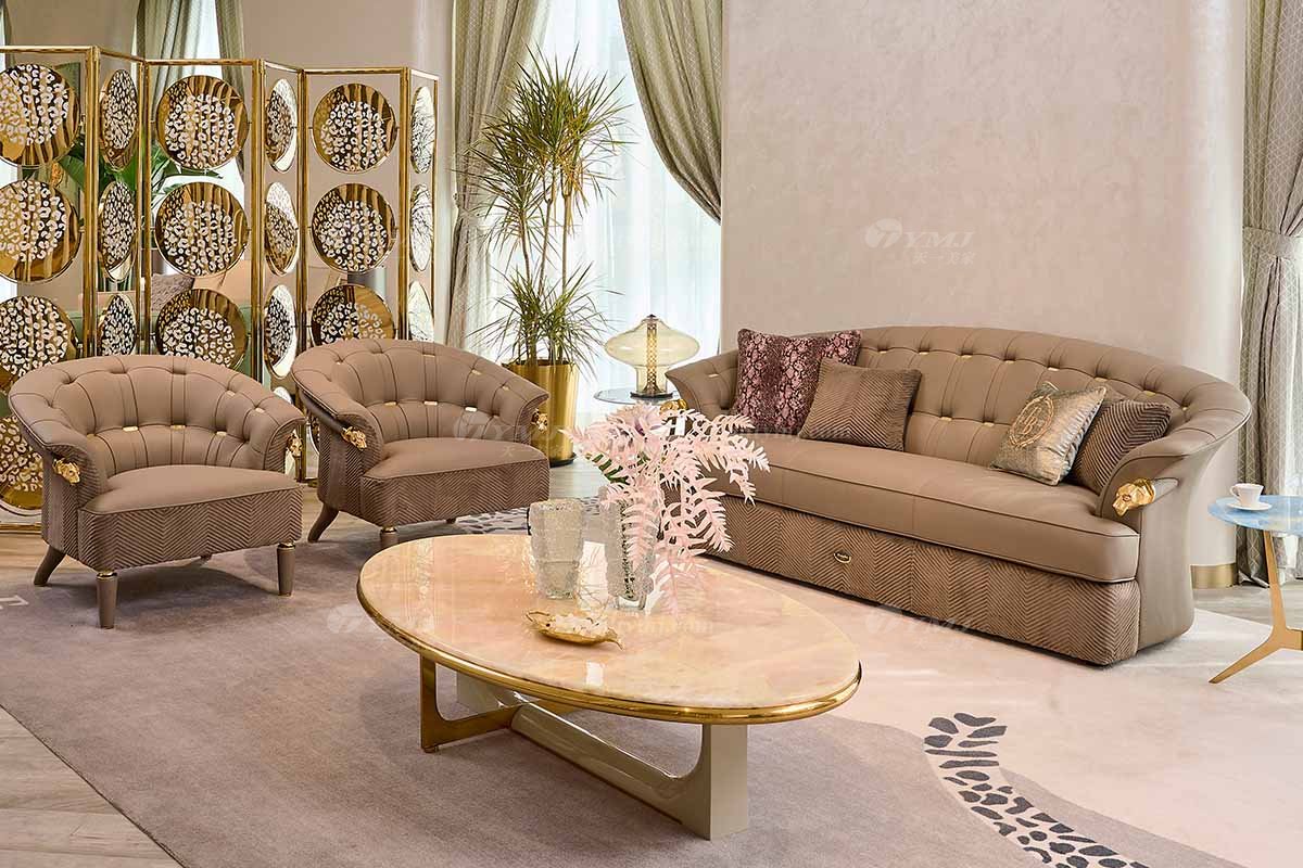 意式輕奢家具高端別墅會所家用時尚高級金屬灰色全皮單位沙發三位沙發FB123SF1場景