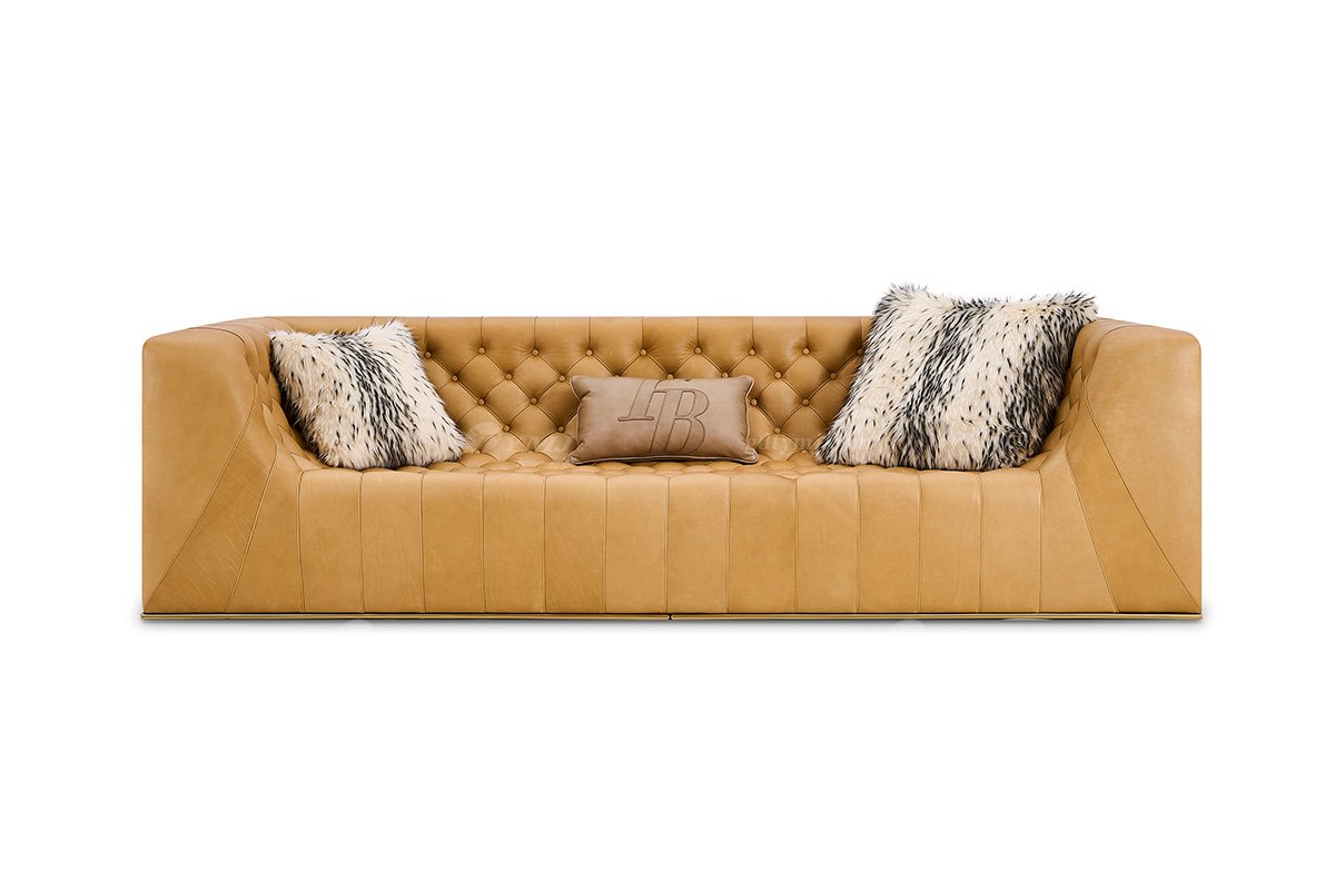 意式輕奢家具高端別墅會所家用時尚舒適大氣豪宅金屬+黃色拉扣四位沙發