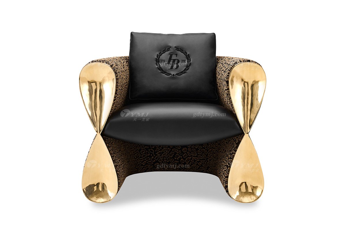 意式輕奢家具高端別墅會所大宅家用時尚大氣皮布藝+鈦金屬單位沙發休閑椅