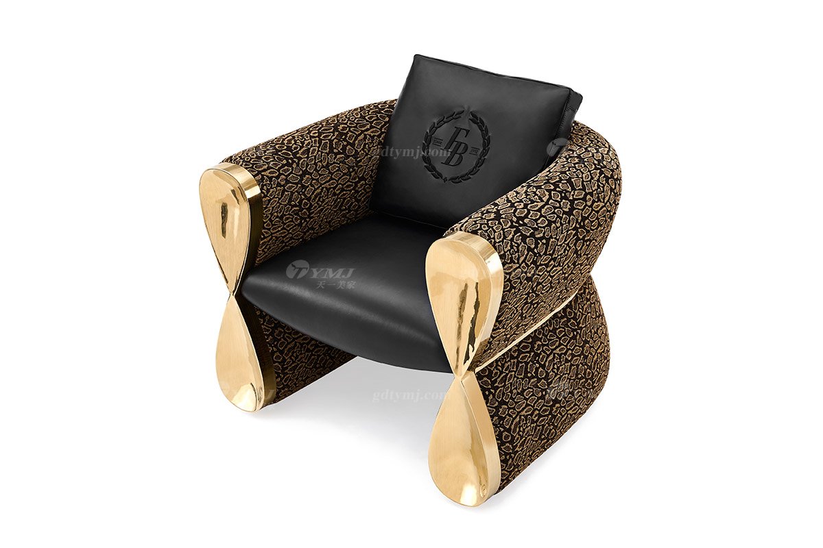 意式輕奢家具高端別墅會所大宅家用時尚大氣皮布藝+鈦金屬單位沙發休閑椅FB132CH（1）