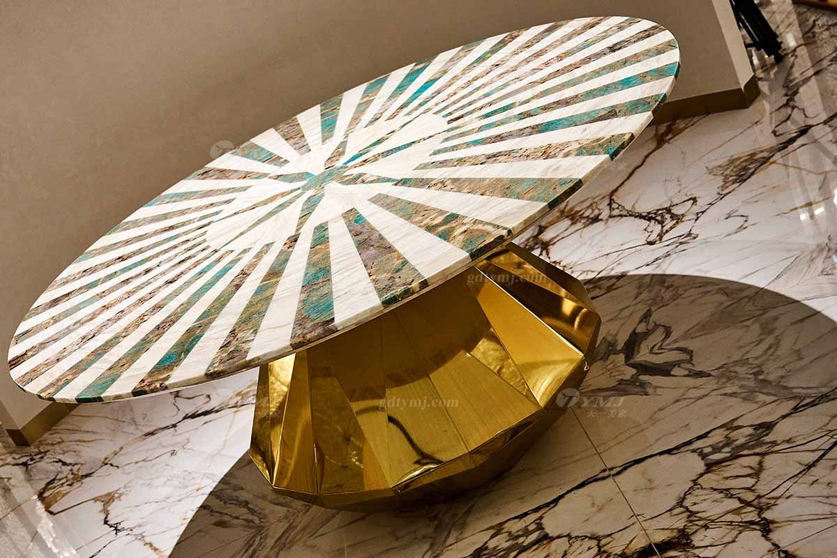 意式輕奢家具高端別墅會(huì)所大宅家用奢華大氣1.6米雙拼大理石+鈦金屬圓餐臺(tái)FB135D25RM場景