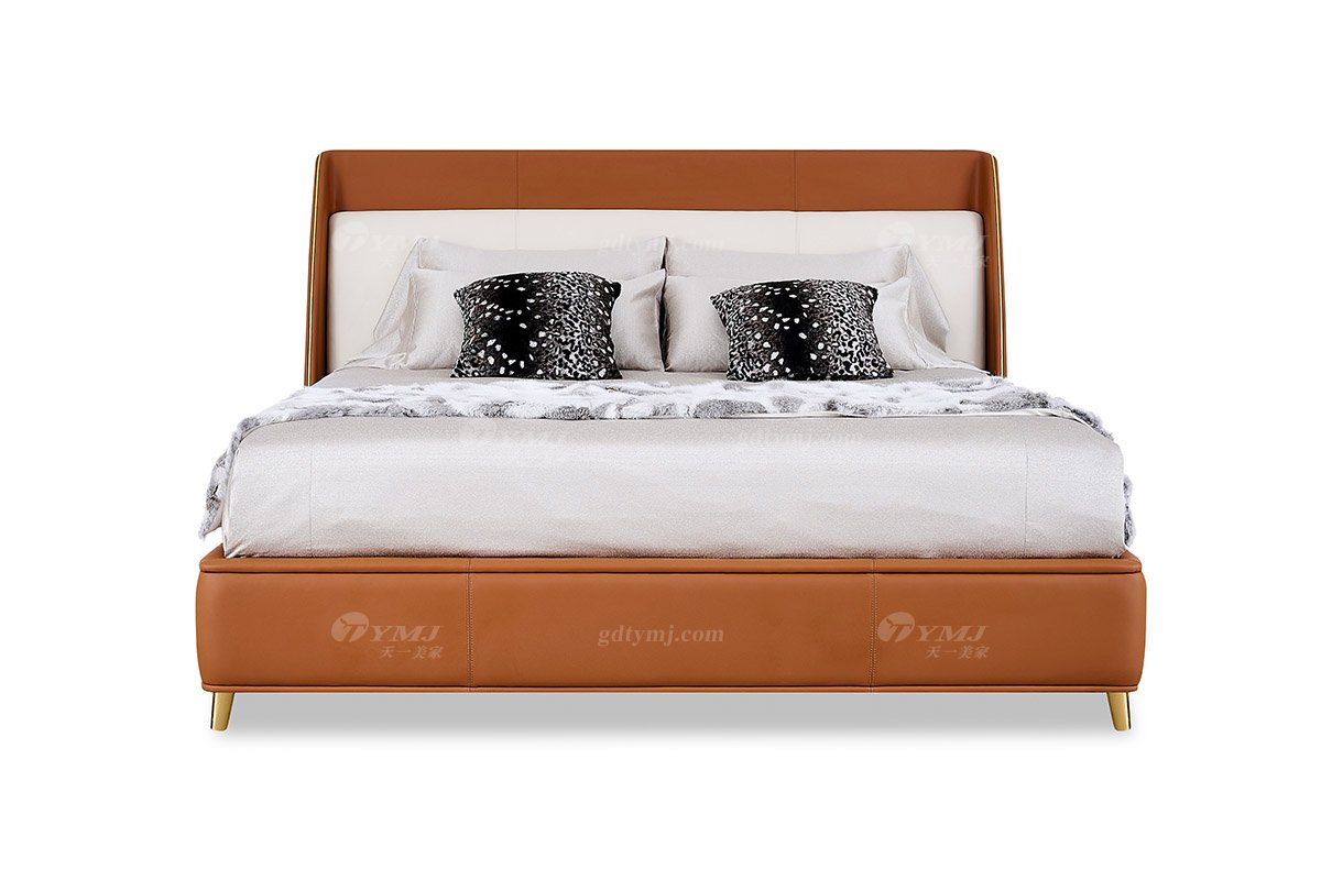 意式輕奢家具高端別墅會(huì)所大宅家用時(shí)尚奢華鈦金屬橙色真皮1.8米大床