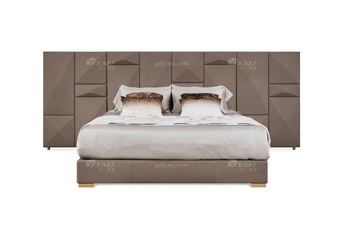 意式輕奢家具高端別墅會(huì)所豪宅家用時(shí)尚奢華鈦金+咖色真皮超大床屏大床