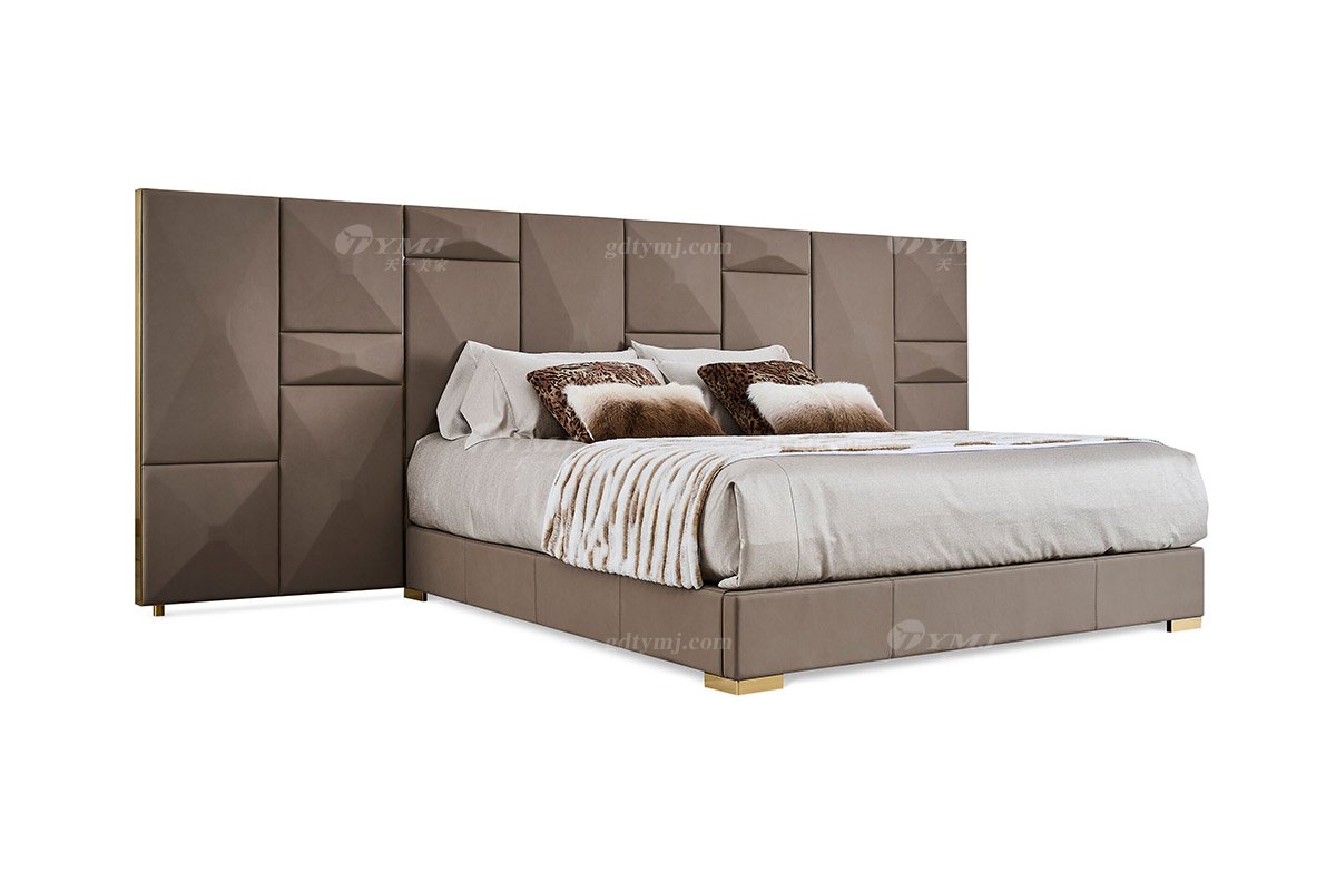 意式輕奢家具高端別墅會(huì)所豪宅家用時(shí)尚奢華鈦金+咖色真皮超大床屏大床122B21M床1