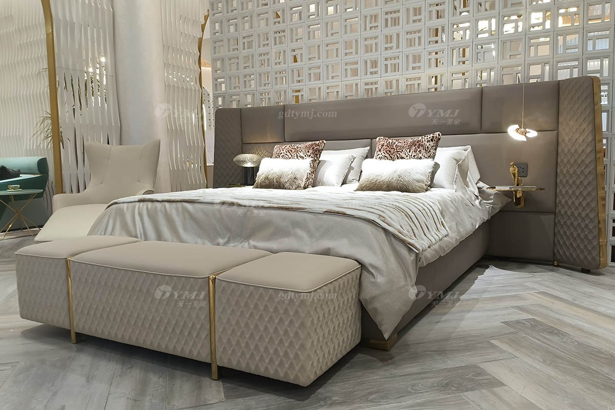 意式輕奢家具高端別墅會(huì)所豪宅家用時(shí)尚奢華鈦金+咖色真皮超大床屏大床122B21M床2