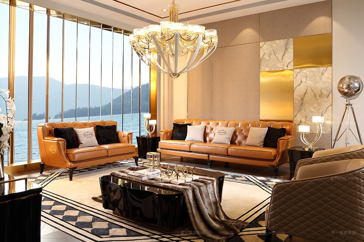 后現代輕奢主義愛馬仕橙客廳真皮沙發組合