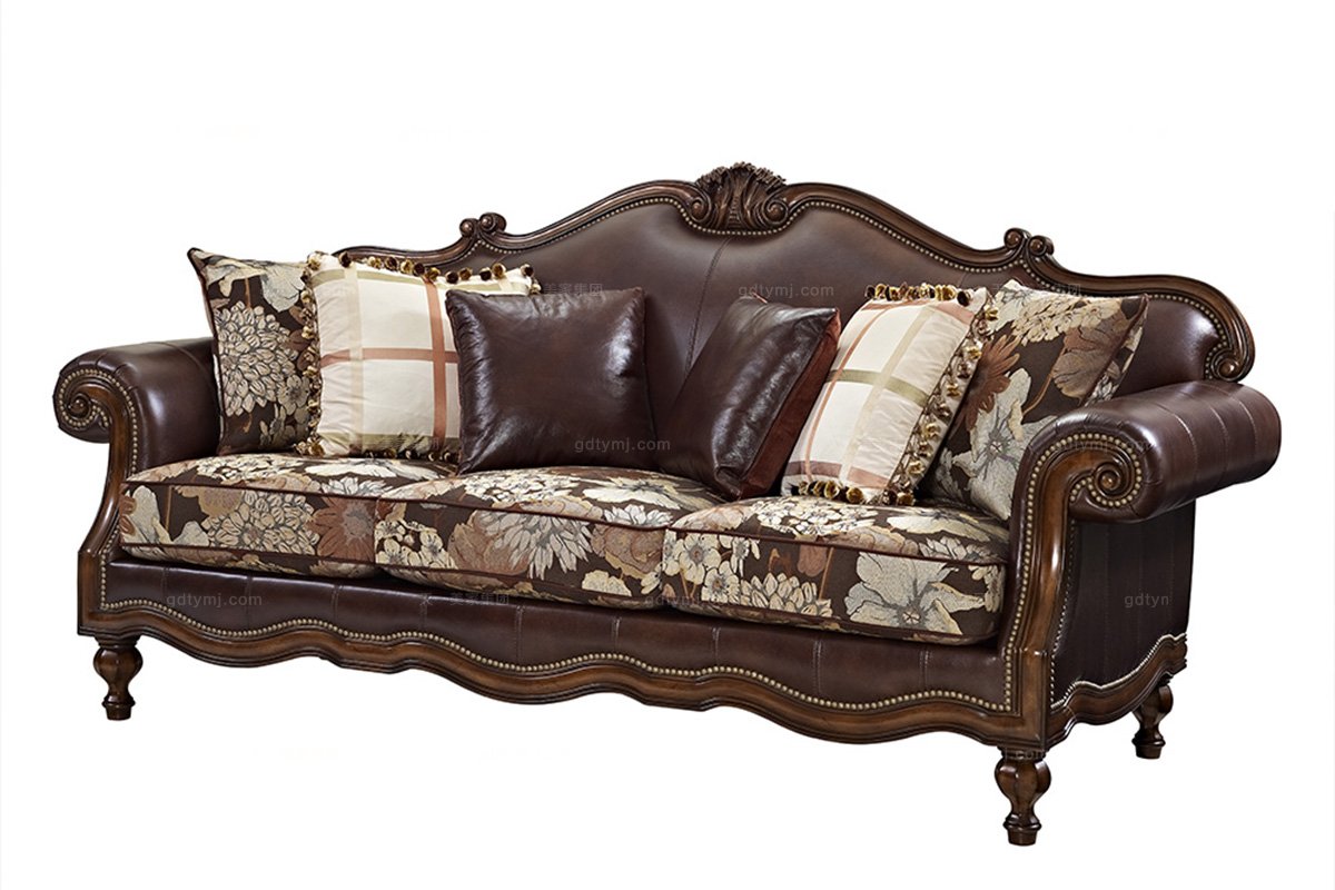 美式皮布結合三人沙發