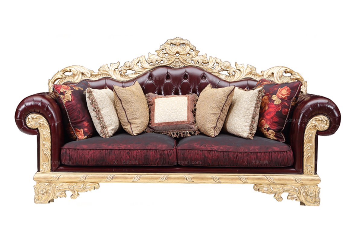 奢華雕花皮布三人沙發